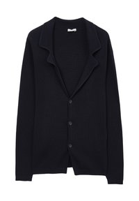 Cardigan a coste blu navy con colletto a scialle, cinque bottoni sul davanti e maniche lunghe. Texture morbida con una vestibilità rilassata.