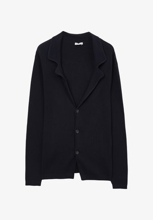 Cardigan a coste blu navy con colletto a scialle, cinque bottoni sul davanti e maniche lunghe. Texture morbida con una vestibilità rilassata.