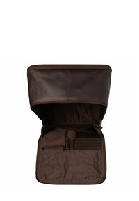 Borsa in pelle marrone con zip, dotata di un interno imbottito con scomparti organizzati e una superficie liscia. Il colore dell'interno è un marrone scuro abbinato.