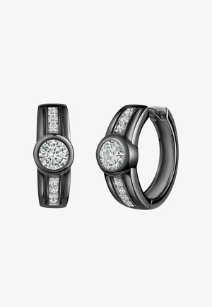 Schwarze Ohrringe mit einem runden, klaren Edelstein in der Mitte, flankiert von kleineren klaren Steinen in vertikalen Kanälen auf jeder Seite.