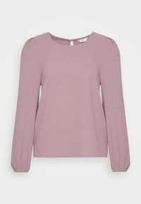 Langärmliges Oberteil in hellem Mauve mit strukturierter Optik, quadratischem Ausschnitt und Knopfverschluss im Rücken. Elastische Bündchen an den Ärmeln.