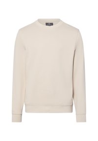 Light beige sweatshirt made of soft cotton fabric, featuring a crew neck, long sleeves, and ribbed cuffs and hem. Simple, minimal design.