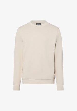 Sweatshirt beige clair en tissu de coton doux, avec un col rond, des manches longues, et des poignets et un ourlet côtelés. Design simple et minimal.