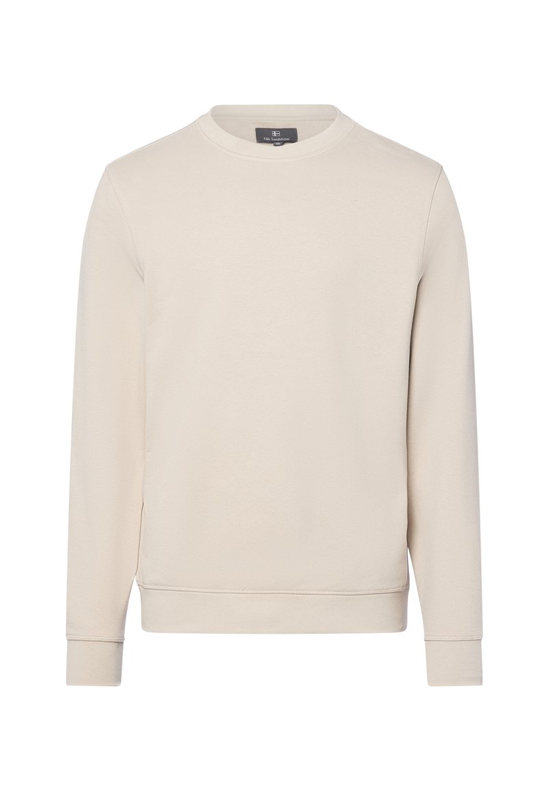 Light beige sweatshirt made of soft cotton fabric, featuring a crew neck, long sleeves, and ribbed cuffs and hem. Simple, minimal design.