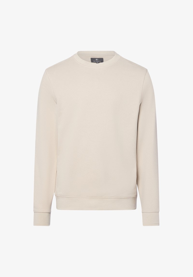 Felpa beige chiaro realizzata in morbido cotone, con collo rotondo, maniche lunghe e polsini e orlo a coste. Design semplice e minimale.