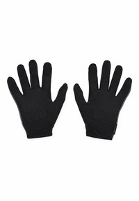 Sorte handsker lavet af tekstureret stof, med et buet design, ribbede detaljer på håndfladerne og sømløse fingerspidser for bedre greb.