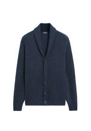Navy ribbed cardigan with a shawl collar, featuring six dark buttons down the front and textured knit pattern. Soft, versatile fabric.