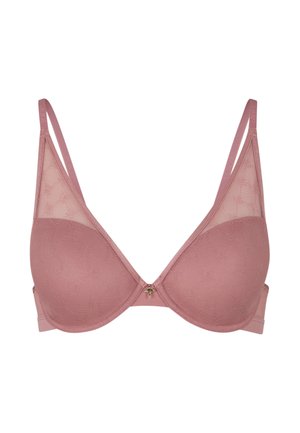 Soutien-gorge rose clair avec une coupelle inférieure rembourrée lisse et une coupelle supérieure en mesh transparent, présentant des motifs texturés délicats et un petit accent doré au centre.