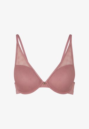 Soutien-gorge rose clair avec une coupelle inférieure rembourrée lisse et une coupelle supérieure en mesh transparent, présentant des motifs texturés délicats et un petit accent doré au centre.