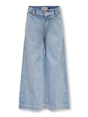 Šviesiai mėlynos plačios džinsinės kelnės su užsegimu, penkiomis kišenėmis ir leidžiamu mūsų hemu. Jos pasižymi lygiu paviršiumi ir atsitiktiniu dizainu.