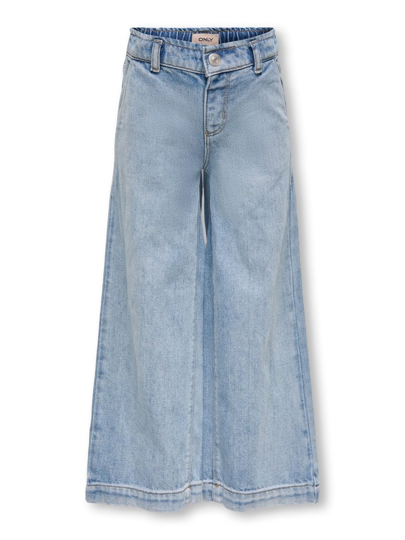 Világoskék, bőszárú farmernadrág gombos zárással, öt zsebbel és rojtos szegéllyel. Simább textúrával és laza kialakítással rendelkezik.