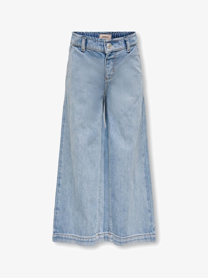 Blugi largi de culoare albastru deschis, din denim, cu închidere cu nasture, cinci buzunare și tiv destrămat. Au o textură netedă și un design casual.