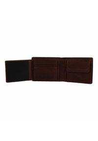 Brown leather wallet with a smooth texture, featuring multiple card slots and a clear ID pocket on one side, open to reveal its interior.