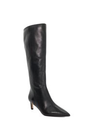 Black knee-high leather boots with a pointed toe, slender heel, and smooth texture. Features minimalistic design with no visible adornments.