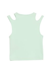 Miętowo-zielony bezrękawnik o żeberkowej teksturze. Posiada wycięcia na ramionach i okrągły dekolt. Prosta, dopasowana sylwetka.