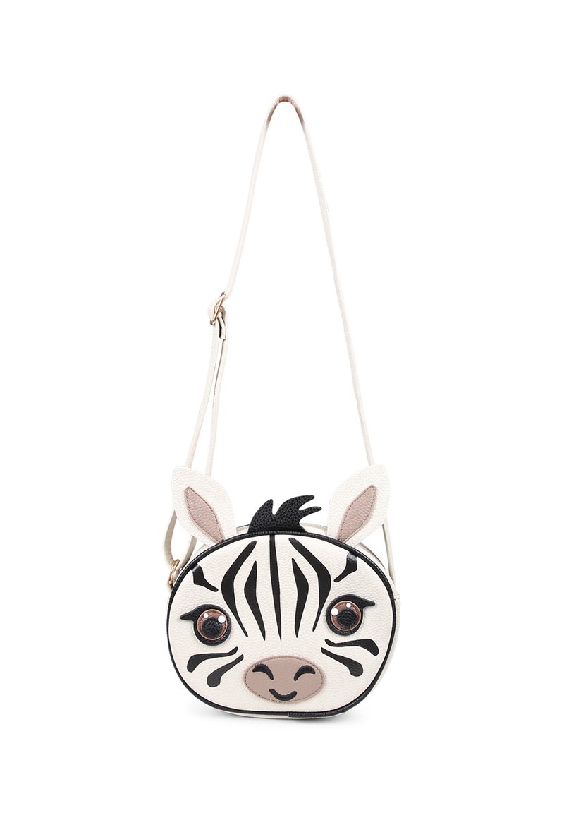 Zebraformige Umhängetasche aus strukturiertem weißen und schwarzen Leder, mit großen Augen, Ohren und einem glatten, runden Design. Akzente aus goldfarbenem Metall.