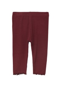 Leggings côtelés couleur bordeaux avec une coupe ajustée, présentant un détail volanté plissé à l'ourlet de la cheville et une taille élastique pour plus de confort.