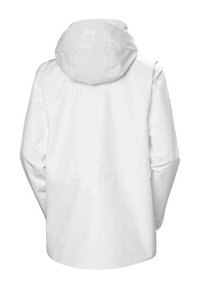 Chaqueta blanca impermeable con capucha. Material suave, corte recto y diseño minimalista. Presenta un logo en la parte alta de la espalda.