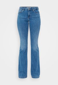 Uppdragna blå denimjeans med hög midja, femfickorsdesign och en klassisk knapp- och dragkedjestängning. Strukturerad, medelvikts tyg.