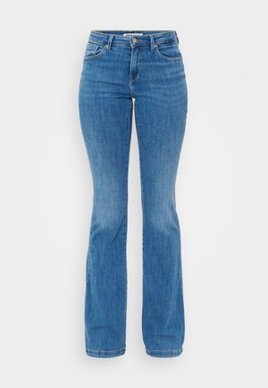 Flared blue denim jeans featuring a high waist, five-pocket design, and a classic button-and-zip closure. Textured, medium-weight fabric.