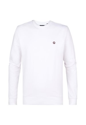 White sweatshirt made of soft fabric, featuring long sleeves, a crew neck, and a small circular logo on the chest. Smooth texture.