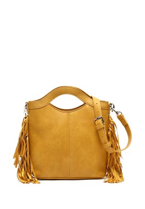 Yellow leather handbag with long, fringed accents, top handle, and detachable shoulder strap. Smooth texture and minimalistic design.