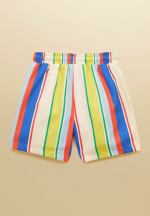 Elastse vöökohaga lühikesed püksid, millel on vertikaalsed triibud sinises, punases, kollases, rohelises ja valges beeži tausta peal.