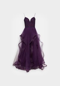 Fioletowa wieczorowa suknia z dopasowanym, koralikowym topem i zwiewną, podwarstwową spódnicą z tiulu. Regulowane ramiączka typu spaghetti i falbany na dolnej krawędzi.