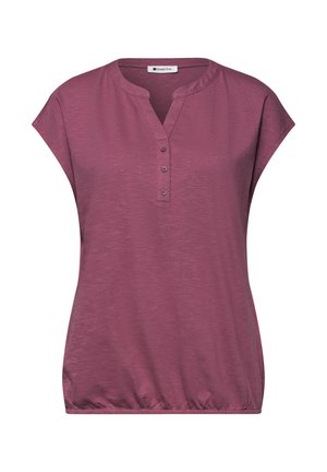 Ærmeløs lilla bluse med tre knapper, rund halsudskæring og elastisk, sammentrukket kant, mærket Street One.