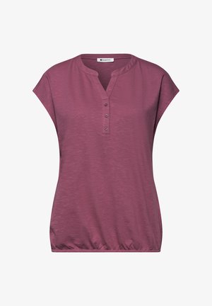 Mouwloze mauve blouse met drie knopen, ronde halslijn en geplooide elastische zoom, merk Street One.