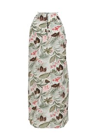 Květinové maxi šaty se světle zeleným pozadím, které mají živé růžové a hnědé listy a květiny, a zapínání na zip na zadní straně.