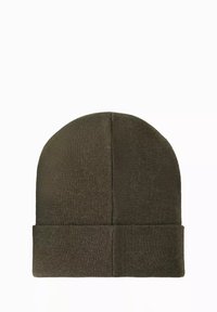Dzianinowa czapka w ciemnooliwkowym kolorze, charakteryzująca się dopasowanym krojem, elastycznym materiałem oraz podwiniętym mankietem, który dodaje tekstury i ciepła.