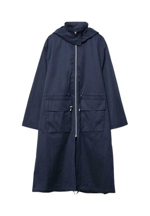 Navy blue long coat with hood, front zipper, two large flap pockets, and buttoned collar detail.