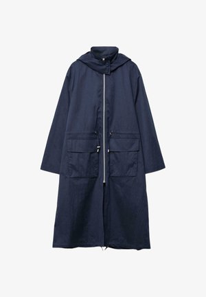 Navy blue long coat with hood, front zipper, two large flap pockets, and buttoned collar detail.