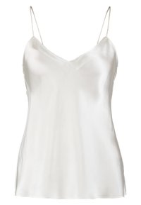 Camisola bianca in satin con sottili spalline regolabili, scollatura a V, texture liscia e vestibilità rilassata, adatta per essere indossata a strati o come pigiama.