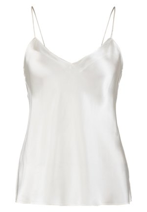 Witte satijnen cami-top met dunne verstelbare bandjes, een V-halslijn, een gladde textuur en een ontspannen pasvorm, geschikt voor layering of als nachtkleding.