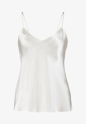 Camisón de satén blanco con finas tirantes ajustables, escote en V, textura suave y un corte relajado, apto para usar en capas o como pijama.