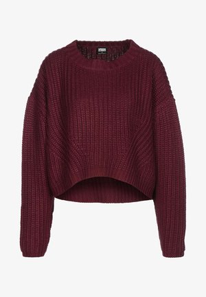Bordowy sweter dziany o skróconym kroju, z szerokimi rękawami i prążkowaną fakturą. Dekolt okrągły, z luźnym dopasowaniem.