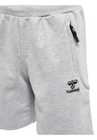 Graue Baumwoll-Sweatshorts mit einem elastischen Bund, einer Seitentasche und einem schwarzen gestickten Logo auf der linken Seite. Glatte Textur.