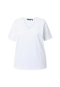 T-shirt bianca in cotone con scollatura a V e maniche corte. Presenta una vestibilità rilassata e una texture liscia, senza schemi o accenti visibili.