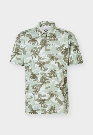 Polo à manches courtes avec camouflage vert clair et motif de palmiers marron, doté d'un col à fermeture éclair sur le quart.