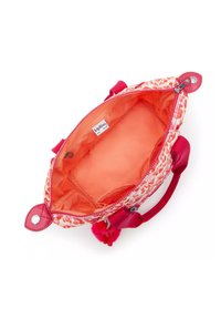 Färgglad tygväska med blommönster, rosa dragkedja, orange insida, liten röd pom-pom, dubbla handtag och metalldetaljer.
