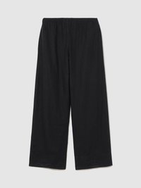 Pantalon noir à jambes larges avec taille élastique, coupe droite et sans motifs visibles, présenté sur un fond clair uni.