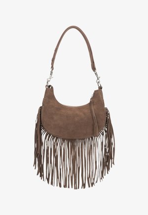 Brązowa torebka z zamszu o zaokrąglonym kształcie i frędzlami. Posiada pojedynczy pasek oraz srebrne okucia. Zamek błyskawiczny na górze.