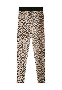 Løveprikkede leggins i blødt materiale. Har en sort elastisk talje med "APRIL" branding. Mønstrene inkluderer store sorte pletter på en cremefarvet baggrund.