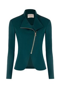 Teal jack met een strakke pasvorm, hoge kraag en asymmetrische ritssluiting. Glad oppervlak met een gestructureerde silhouet en lange mouwen.