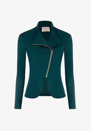 Taeilfarbener Blazer mit einer taillierten Passform, hohem Kragen und asymmetrischem Reißverschluss. Glatte Textur mit strukturierter Silhouette und langen Ärmeln.