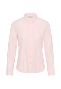 Chemise rose pâle à manches longues en coton lisse, dotée d'un col pointu et d'une patte de boutonnage avec des boutons assortis.