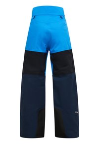 Blauwe en zwarte waterdichte sneeuwbroeken met een wijduitlopende pasvorm. Beschikt over een hoge taille en versterkte delen bij de onderbenen.