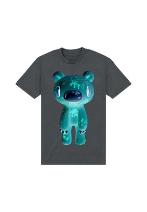 T-shirt grigio scuro con un grande orso blu-verde con motivi di impronte di mani e un naso rotondo sulla parte anteriore centrale.